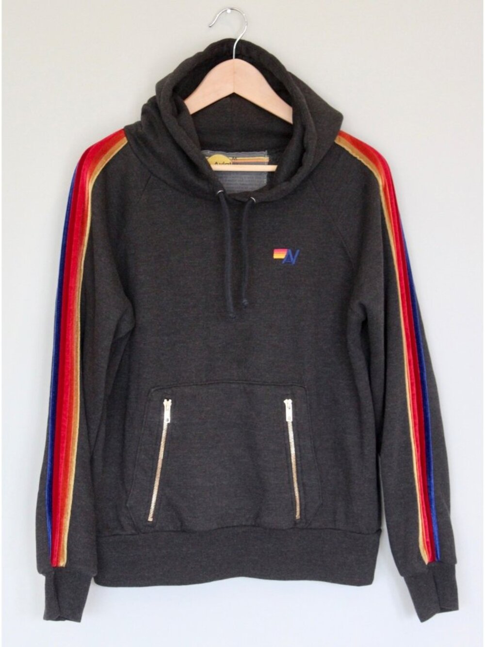 AVIATOR NATION Velvet Stripe Classic Pullover Hoodie Gold Zippers, Size M Medium